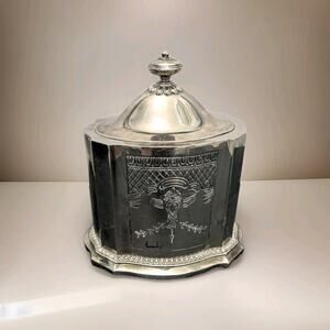 Silver plate Biscuit Barrel Tea Tobacco Caddy Vintage Etched Finial Ornate